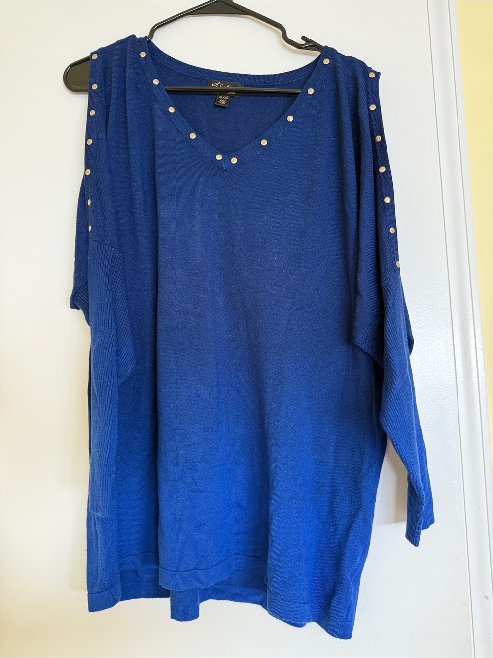 Thalia Sodi Royal Blue Studded V-Neck Long Sleeve Top
